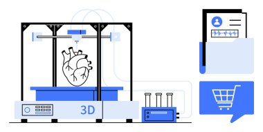 3D yazıcı, tıbbi verilerin ve alışveriş arabası ikonlarının yanında bir laboratuarda insan kalbi modeli üretiyor. Tıbbi teknoloji, yenilik, sağlık hizmetleri, 3D baskı, araştırma, e-ticaret için ideal