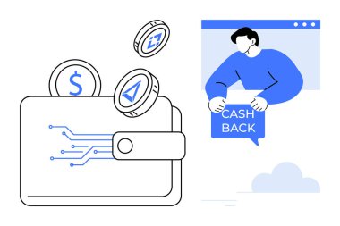 Etrafında şifreli paraların dolaştığı dijital cüzdan. Sağda, elinde bir tabela tutan bir kişi web sitesi penceresinden para çekin diyor. Kripto para birimi için ideal, dijital ödemeler, e-ticaret, nakit