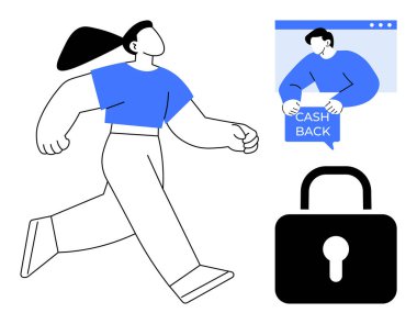 Güvenle yürüyen bir kişi, dizüstü bilgisayardan nakit tebligat alan bir figür ve bir asma kilit sembolü. Finans, siber güvenlik, çevrimiçi alışveriş, ödül programları ve kişisel büyüme için ideal