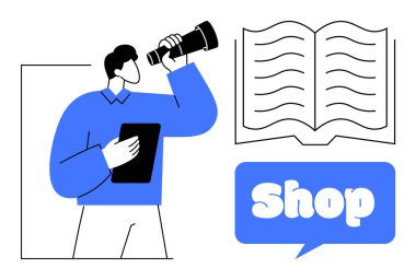 Elinde tablet tutan adam teleskopla açık kitap ve konuşma balonunun yanına bakıyor. Mavi ve beyaz palet çizgi film stili. E-ticaret, pazarlama, çevrimiçi öğrenme, keşif ve dijital için ideal