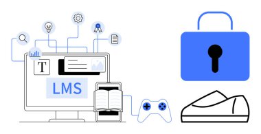 Bilgisayar ekranında LMS arayüzü, eğitim simgeleri, açık kitaplı tablet, oyun denetleyici, ayakkabı, asma kilit siber güvenliği simgeliyor. E- öğrenim, eğitim, teknoloji için ideal, çevrimiçi