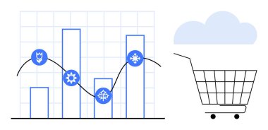 Bir alışveriş arabası ve bulut sembolüne bağlı mevsimlik simgeler ve trend çizgisi olan bar tablosu. Veri analizi, iş, e-ticaret, piyasa araştırması ve bulut hesaplama için ideal. Basit vektör biçimi