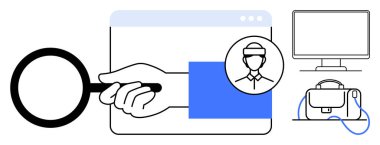 Ekrandaki bir kullanıcı profili üzerinde büyüteç ile el ele tutuşmak, kimliğini keşfetmek. VR kulaklık ve monitör yan tarafta. Kimlik doğrulama, kullanıcı analizi, dijital güvenlik ve teknoloji kullanıcısı için ideal