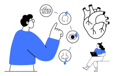 İnsan duyularını temsil eden ikonları işaret eden kişi dokunma, tatma, koklama, görme ve duyma. Başka bir birey de büyük kalp çiziminin yanında dizüstü bilgisayarda çalışıyor. Eğitim, sağlık ve anatomi için ideal