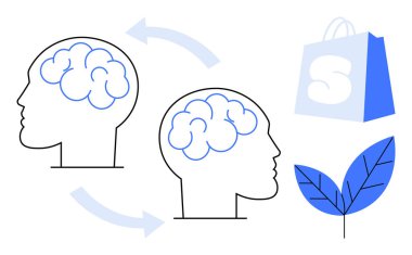 Ok bağlantıları olan iki insan kafasının ana hatları, alışveriş torbası ve yaprakla eşleştirilmiş iletişimi ve beyin aktivitesini vurguluyor. Ruh sağlığı, sürdürülebilirlik ve perakende pazarlama için ideal