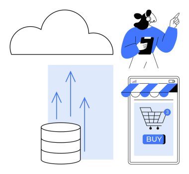 Bulut sembolü, tabletle çalışan bir kişi, yukarı bakan okları olan veri deposu, alışveriş arabası ve satın alma düğmesi olan bir akıllı telefon. Teknoloji, iş, bulut hesaplama ve veri için ideal
