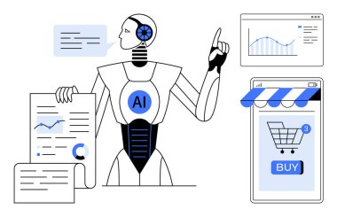 Yapay zeka sembolü olan bir robot haritaları gösteriyor. Satın alma düğmeli online alışveriş sayfası. Grafiksel veriler ve analizler. Yapay zeka, teknoloji, e-ticaret, veri analizi, online alışveriş için ideal. Düz
