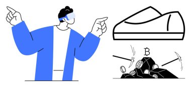 VR kulaklıklı bir kişi ayakkabıyı ve çıkarılan kripto para yığınını işaret ediyor. VR, kripto para birimi, engelleme zinciri, dijital yenilik, fintech, teknoloji için ideal