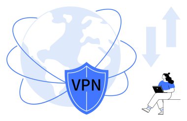 VPN kalkanıyla bağlantılı bir dünya, dizüstü bilgisayarda çalışan bir kadın, yukarı ve aşağı doğru oklar. İnternet güvenliği için ideal, çevrimiçi gizlilik, veri şifreleme, güvenli tarama, uzaktan çalışma, küresel