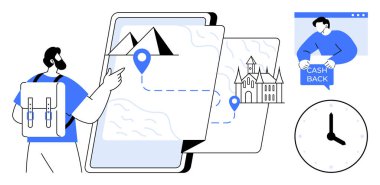 Tablet ekranında sırt çantalı bir adam dağları ve kaleyi gösteriyor. Başka bir kişi tarayıcı penceresinde nakit para işaretini gösterir. Saat hazır. Seyahat, teknoloji, ödüller, macera için ideal