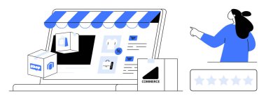 Bilgisayarlı ekranda güneşlik, kutular, dijital ürünler ve ona bakan bir kullanıcı ile çevrimiçi mağaza önü. Çevrimiçi alışveriş, e-ticaret, müşteri değerlendirmeleri, dijital pazarlama, ürün için ideal