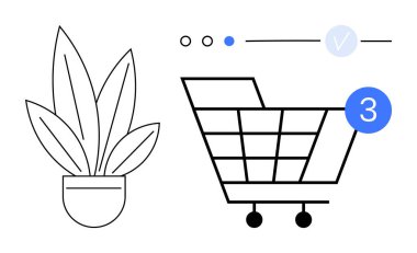 Esrara bitki, alışveriş arabası, üçüncü adım işaretlenmiş ilerleme çubuğu, tamam. E-ticaret, bahçıvanlık, çevrimiçi alışveriş, asgari tasarım, ilerleme izleme, kullanıcı deneyimi, mobil uygulama için ideal