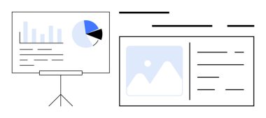 Bar ve turta grafiklerini gösteren bir sunum tahtası. Bitişik yerleşim bir resim yer tutucu ve metin bölümleri içerir. Şirket sunumları, mali raporlar, pazarlama stratejileri için ideal