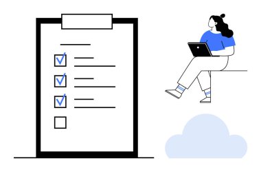 Dizüstü bilgisayarlı bir kadın, kontrol kutulu kontrol listesiyle oturuyordu. Üretkenlik, görev yönetimi, organizasyon, uzaktan çalışma, proje planlaması, kişisel büyüme, dijital çözümler için idealdir. Çizgi
