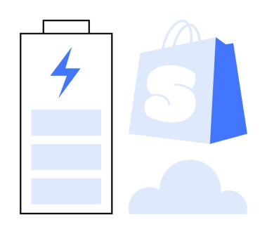 Yıldırımlı bir pil ikonu, bir alışveriş çantası, ve basit beyaz arka plan üzerinde bir bulut teknoloji, perakende, güç, hava durumu, bulut hesaplama Modern minimalist tarzı için ideal