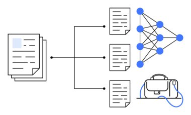 Çoklu doküman ve sinirsel ağa bağlı yığınla belge evrak çantasında son buluyor. Yapay zeka, veri işleme, makine öğrenme, iş akışı, iş analizi, bilgi teknolojisi için ideal