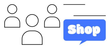 Üç insan figürünün basit çizimi. Mavi renkli konuşma baloncuğunda 