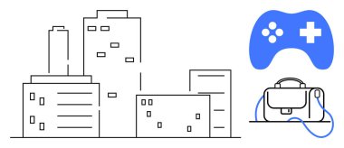 Şehir silueti, çeşitli binaların yanında mavi bir oyun kumandası ve omuz çantası var. Kentsel yaşam, teknoloji, oyun, dijital yaşam tarzları, seyahat, modern şehirler ve elektronik için ideal. Çizgi