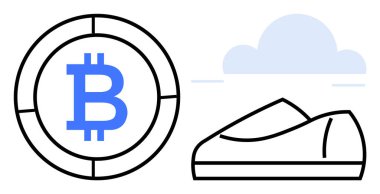 Bozuk paranın içindeki Bitcoin sembolü. Bulutlu arka planı olan sıradan bir ayakkabıyla birlikte. Kripto para, moda, e-ticaret, fintech, yatırım, dijital pazarlama ve yaşam tarzı içeriği için ideal. Çizgi