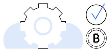 İki bulutlu dişli simgesi, işaretli daire, ve teknoloji ve kripto para ile betimlenen Bitcoin illüstrasyonu. Teknoloji, engelleme zinciri, finans, güvenlik, bulut hesaplama, güvenilirlik için ideal