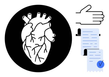 Siyah çemberli anatomik kalp, el hareketi ve işaretli belge. Tıp, eğitim, anatomi çalışmaları, sağlık farkındalığı ve belgeler için idealdir. Basit simge biçimi