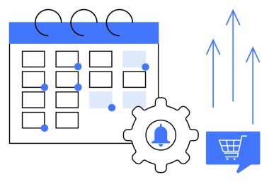 Noktalarla işaretlenmiş tarihler, uyarı zilli dişliler, konuşma balonunda alışveriş arabası, yukarı doğru oklar. Zamanlama, e-ticaret, büyüme stratejileri, tebligatlar, planlama, iş için ideal