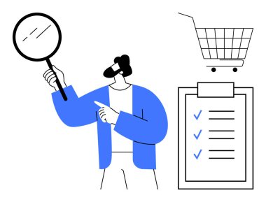 Elinde büyüteç olan biri alışveriş arabasını ve listeyi işaret ediyor. İş yönetimi için ideal online alışveriş ürünü değerlendirme organizasyonu ve verimliliği. Modern temizlik minimal biçimi
