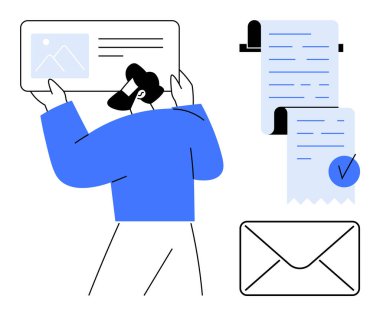 Belgeler ve zarfla birlikte bir kişi, veri analizi, iletişim, üretkenlik ve iş akışını sembolize eden bir kağıdı inceler. İş için ideal, ofis görevleri, veri yönetimi