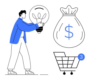 Para çantası sembolü ve alışveriş arabasının yanında ampul taşıyan bir adam. İş, finans, e-ticaret, pazarlama, yenilik, yatırım, dijital ticaret için ideal. Satır metaforu