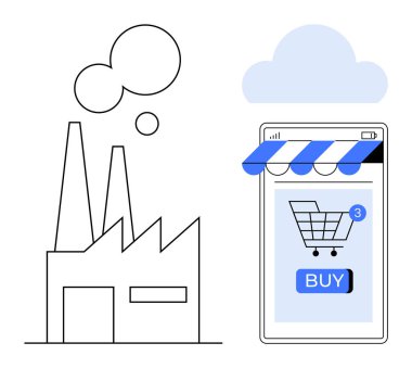 Alışveriş arabası ve satın alma düğmesi olan akıllı telefonun yanındaki fabrika binası. E-ticaret, online alışveriş, imalat, dijital perakende satış, endüstriyel satışlar için ideal. Basit vektör grafik biçimi