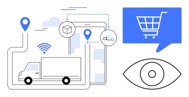 Bir paket, konum kodu, kablosuz sinyal, bir tablet, bir alışveriş arabası ikonu ve bir göz ikonu tarafından temsil edilen bir küp tarafından çevrelenmiş GPS kullanarak bir rotada gezinen bir teslimat kamyonu. Lojistik için ideal