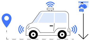 Otomatik çalışan araba GPS şifresi ve yön tarifi ile kablosuz sinyaller gönderiyor. Teknoloji taşımacılığı için ideal gelecekteki yenilikler için akıllı şehirler ve yapay zeka. Basit modern vektör