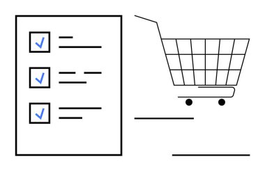 Görev ve alışveriş arabasının yanında kontrol işaretleri olan bir alışveriş listesi. Perakende satış, market alışverişi, görev yönetimi, online alışveriş, organizasyon için ideal. Basit satır sanatı tarzı