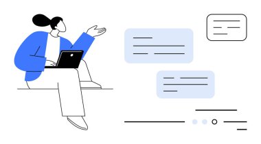 Dizüstü bilgisayarlı bir kadın, iki mavi sohbet kutusu, beyaz konuşma balonu. Çevrimiçi iletişim, dijital öğrenme, uzaktan çalışma, sosyal medya, müşteri hizmetleri, teknik destek için ideal