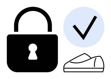 Padlock symbolizing security, checkmark indicating approval, loafers representing professional footwear. Ideal for security services, product approval, business attire, workplace policies, office clipart