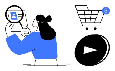 Mavi elbiseli bir kadın bir profile büyüteç tutuyor. 3 numaralı bildiri ile alışveriş arabası. Çalma düğmesi siyahla işaretlenmiş. E-ticaret, profil doğrulama, multimedya içeriği için ideal