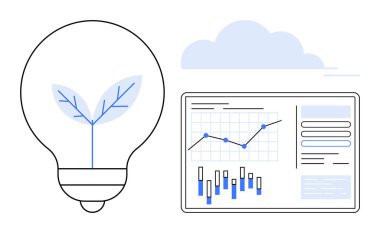 Veri analiz panelinin yanında büyüyen yaprak içeren ampul çeşitli grafik ve grafikleri gösteriyor. Sürdürülebilirlik, çevre dostu teknoloji, yenilik, iş büyümesi, veri analizi için ideal