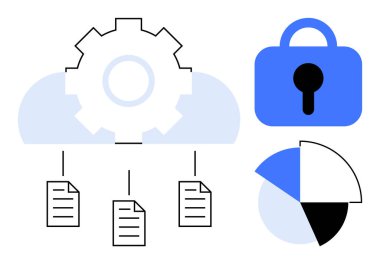 Mavi ve siyaha sahip bulut depolama simgeleri, kilit, veri tabloları ve pasta grafiği veri güvenliği, bulut hesaplaması ve veri yönetimini vurguluyor. Teknoloji, bulut depolama, siber güvenlik ve veri için ideal