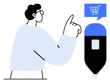 Dijital alışveriş arabası ikonunu gösteren gözlüklü bir erkek figürü. Çevrimiçi alışveriş, e-ticaret, dijital işlemler, perakende pazarlama, müşteri etkileşimi, ürün seçimi, kullanıcı