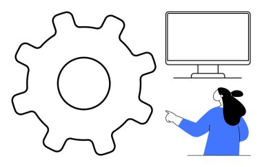 Büyük vites sembolü, bilgisayar ekranı, işaret eden kişi. Çizgi sanatı tarzı. Teknoloji, kullanıcı arayüzü, eğitim, sunumlar ve dijital öğrenme için ideal