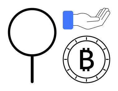 Büyüteç, uzatılmış el ve Bitcoin sembolü. Kripto para birimi, mali işlemler, yatırım, engelleme teknolojisi, dijital para birimi, para transferi, bankacılık hattı metaforu için ideal