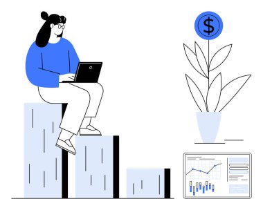 Kadın, dizüstü bilgisayarını kullanarak grafikte oturuyor ve gelişmeyi simgeliyor. Bir dolar işaretli büyüyen para fabrikası ve finansal büyümeyi temsil eden analitik çizelgesi. Girişimcilik ve iş büyümesi için ideal