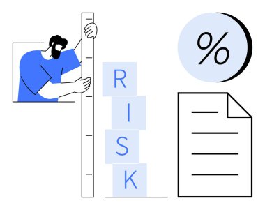 Yığılmış blokların yanında dikey bir cetvel ile risk seviyelerini ölçen adam RISK, büyük yüzdelik sembol ve belge simgesi. Finans, risk yönetimi, iş analizi ve performans için ideal
