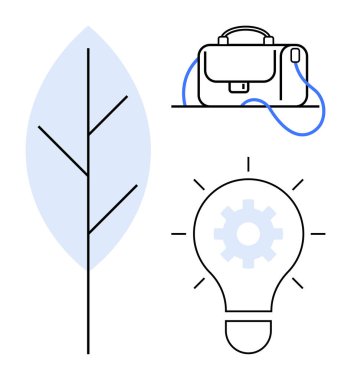 Evrak çantası, stilize yaprak ve yenilikleri, doğayı, fikirleri ve iş çözümlerini temsil eden ekipmanlı ampul. Sürdürülebilirlik, iş stratejisi, girişimler, çevre girişimleri için ideal
