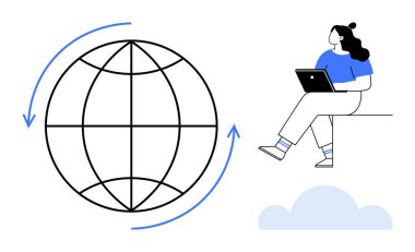 Küresel bağlantıyı, uzaktan çalışmayı ve teknolojiyi ön plana çıkaran oklu bir küre yanında dizüstü bilgisayar kullanan bir kadın. Uzak çalışma, teknoloji ve küresel iletişim konuları için ideal