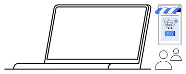 Geniş dizüstü bilgisayarlı dijital alışveriş sahnesi ve satın alma düğmeli akıllı telefonlu dükkan. E-ticaret için ideal, çevrimiçi satış, dijital pazarlama, internet işi, modern alışveriş. Minimalist