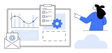 Vektör, bir e-posta simgesi ve dişli sembolü ile birlikte bilgisayar ekranında bir grafik ve kontrol listesine bakan bir kadını gösteriyor. İş ve teknoloji için ideal, veri analizi, proje yönetimi, e-posta