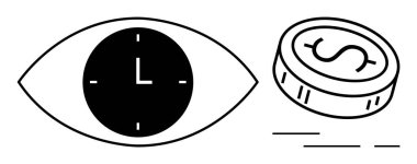 Öğrenci için saati olan bir göz ve dolar işaretli bir bozuk para zamanı ve parayı simgeler. Finans, zaman yönetimi, üretkenlik, yatırım, mali planlama, bütçe