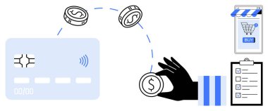 El ele tutuşan para kredi kartına aktarılıyor. Görevli pano ve satın alma düğmeli online mağaza. E-ticaret için ideal, çevrimiçi ödemeler, dijital cüzdanlar, finansal teknoloji, ulaşılamaz