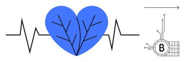 A blue heart with branching veins connected to an EKG line leading to a Bitcoin symbol. Ideal for health technology, cryptocurrency, fintech, digital health, financial innovation. Simple digital art clipart